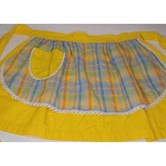 Vintage 1960's Apron Bright Yellow Lined Orange Blue Green Plaid Retro Kitchen - Picture 2 of 7